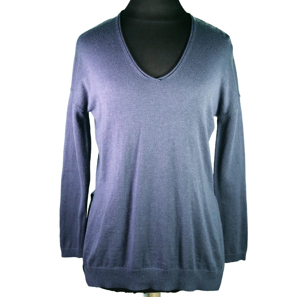 Trouve Navy Blue Cashmere Blend Side Slit V-Neck Tunic Sweater - XS